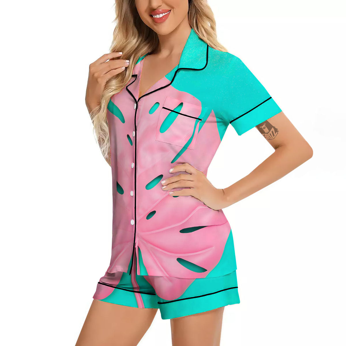 Blue And Pink Tropical Palm Leaf Print Women Silk Pajamas-grizzshop