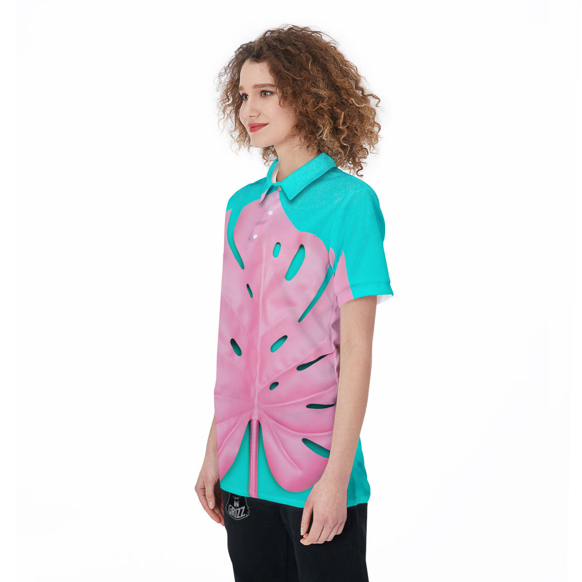 Blue And Pink Tropical Palm Leaf Print Women's Golf Shirts-grizzshop