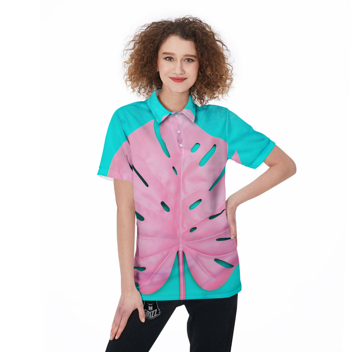 Blue And Pink Tropical Palm Leaf Print Women's Golf Shirts-grizzshop