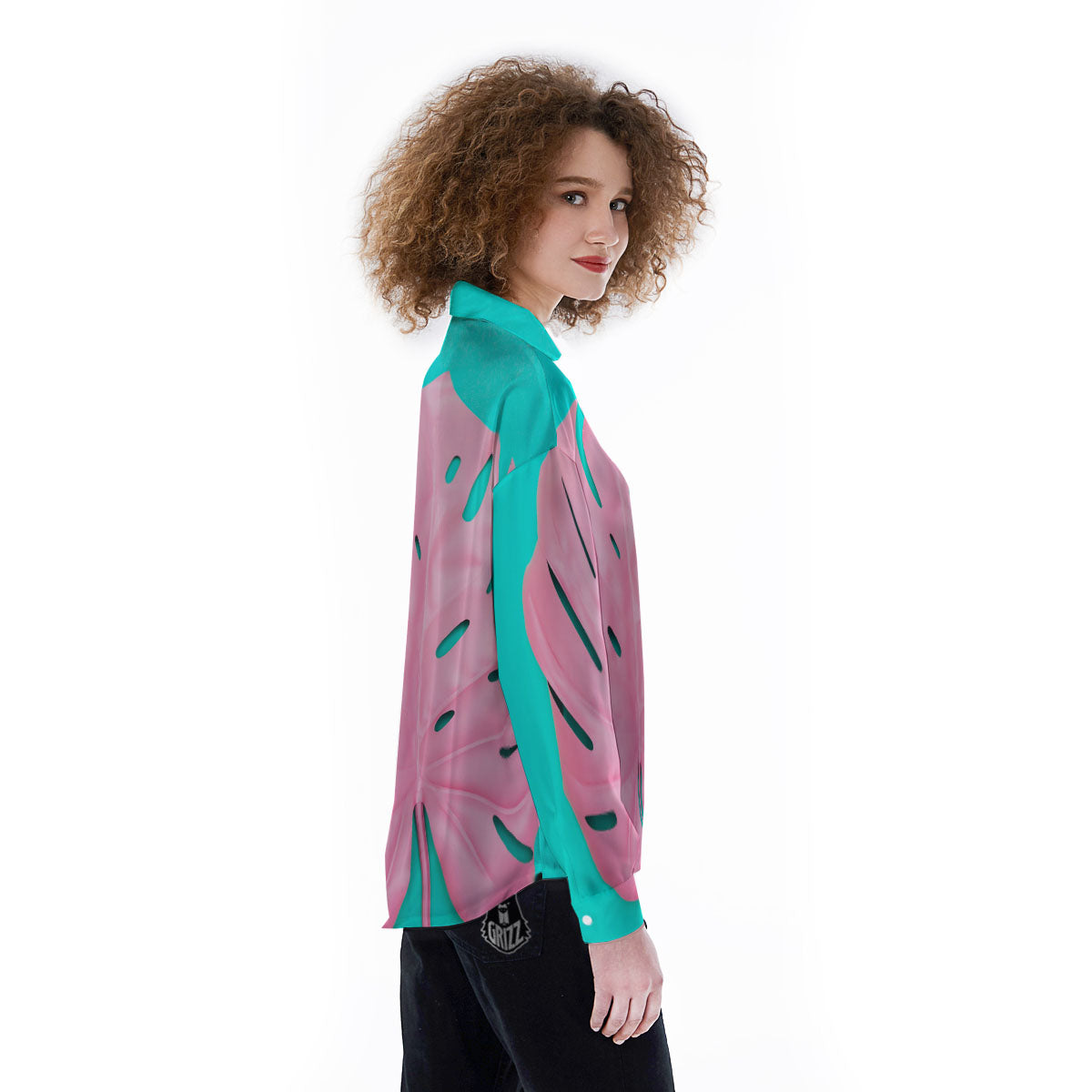 Blue And Pink Tropical Palm Leaf Print Women's Long Sleeve Shirts-grizzshop