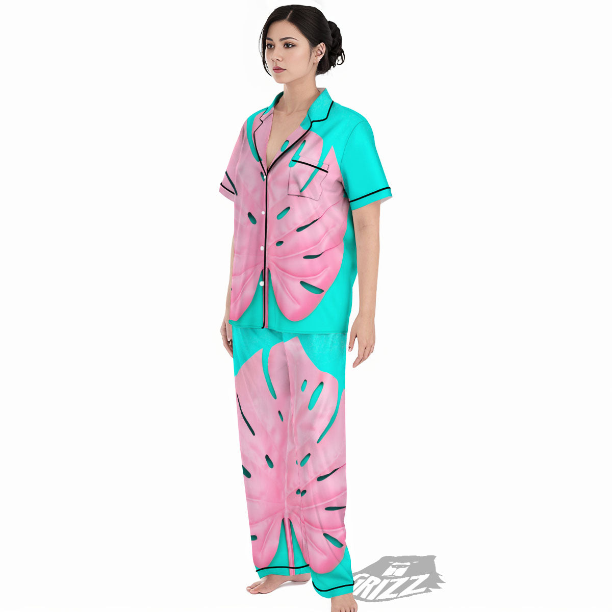 Blue And Pink Tropical Palm Leaf Print Women's Pajamas Set-grizzshop