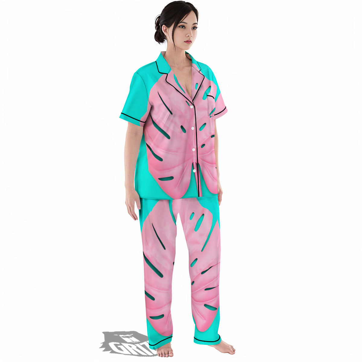 Blue And Pink Tropical Palm Leaf Print Women's Pajamas Set-grizzshop