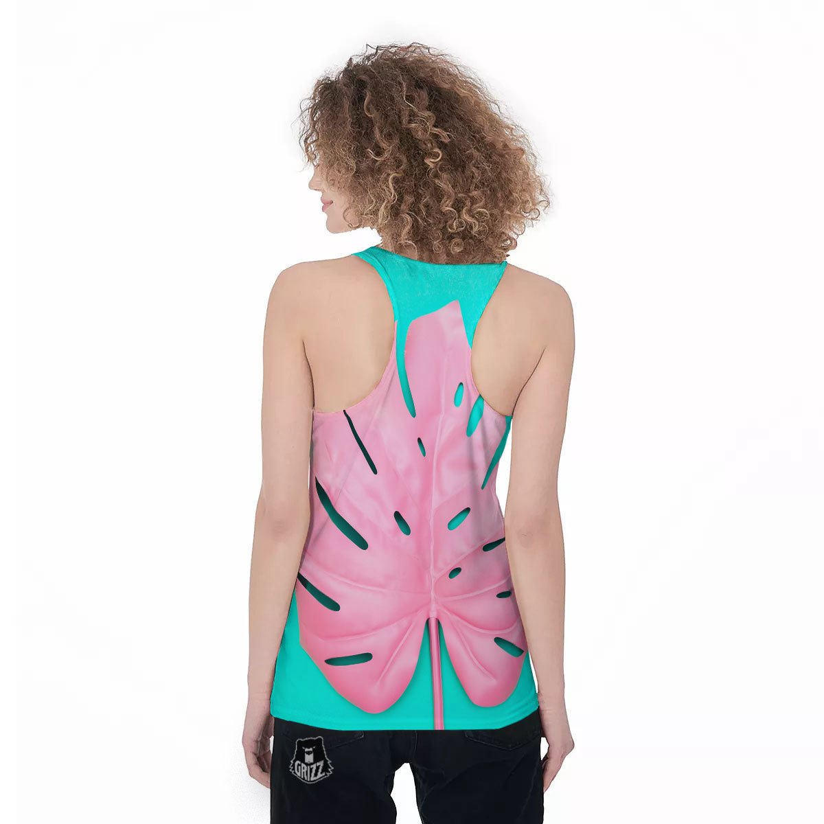 Blue And Pink Tropical Palm Leaf Print Women's Racerback Tank Top-grizzshop