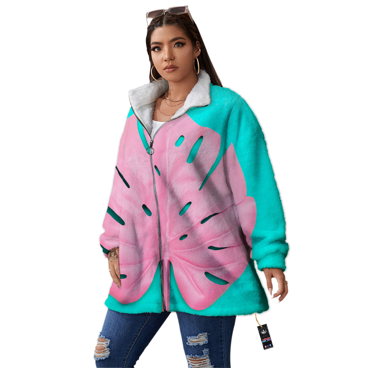 Blue And Pink Tropical Palm Leaf Print Women's Sherpa Jacket-grizzshop