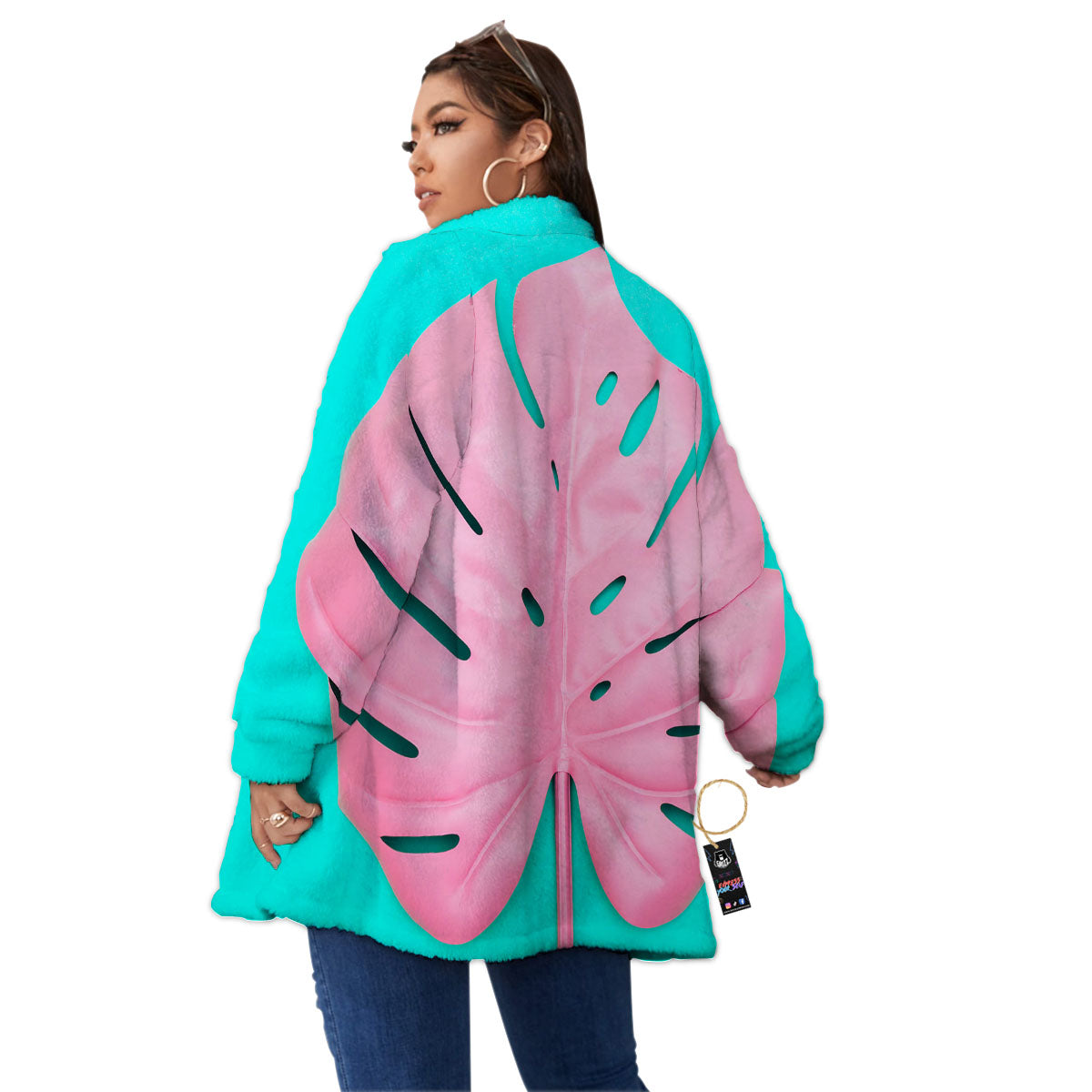 Blue And Pink Tropical Palm Leaf Print Women's Sherpa Jacket-grizzshop