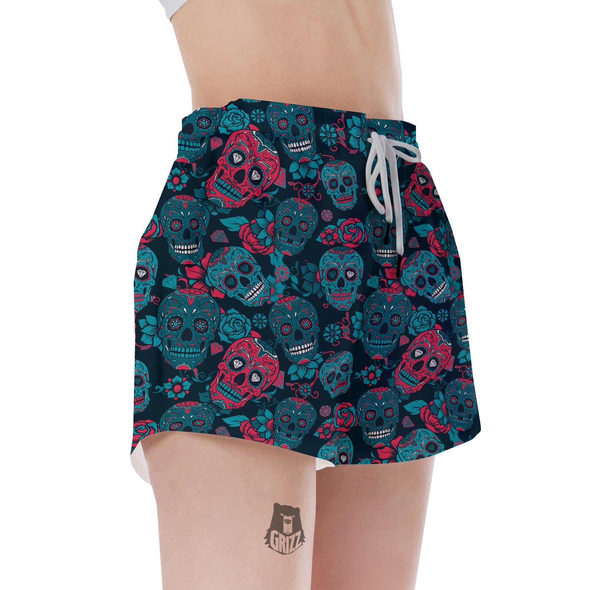 Blue And Red Floral Sugar Skull Women's Shorts-grizzshop