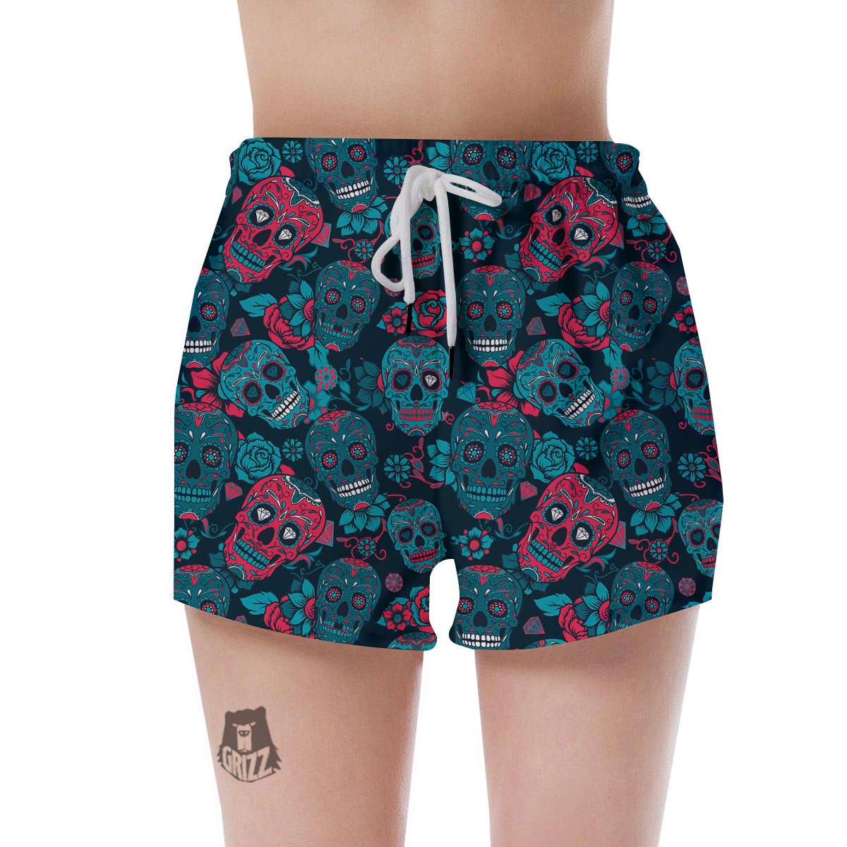 Blue And Red Floral Sugar Skull Women's Shorts-grizzshop