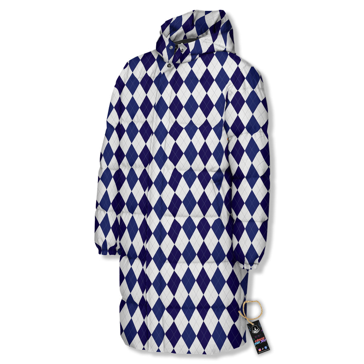 Blue And White Navy Argyle Print Pattern Long Down Jacket-grizzshop
