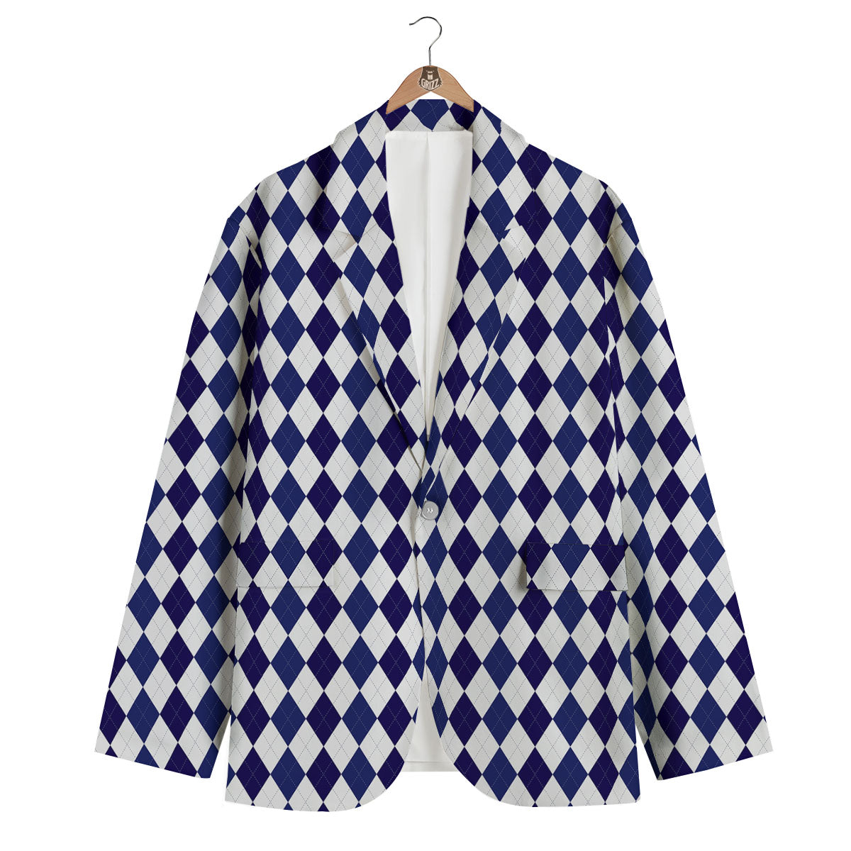 Blue And White Navy Argyle Print Pattern Men's Blazer-grizzshop