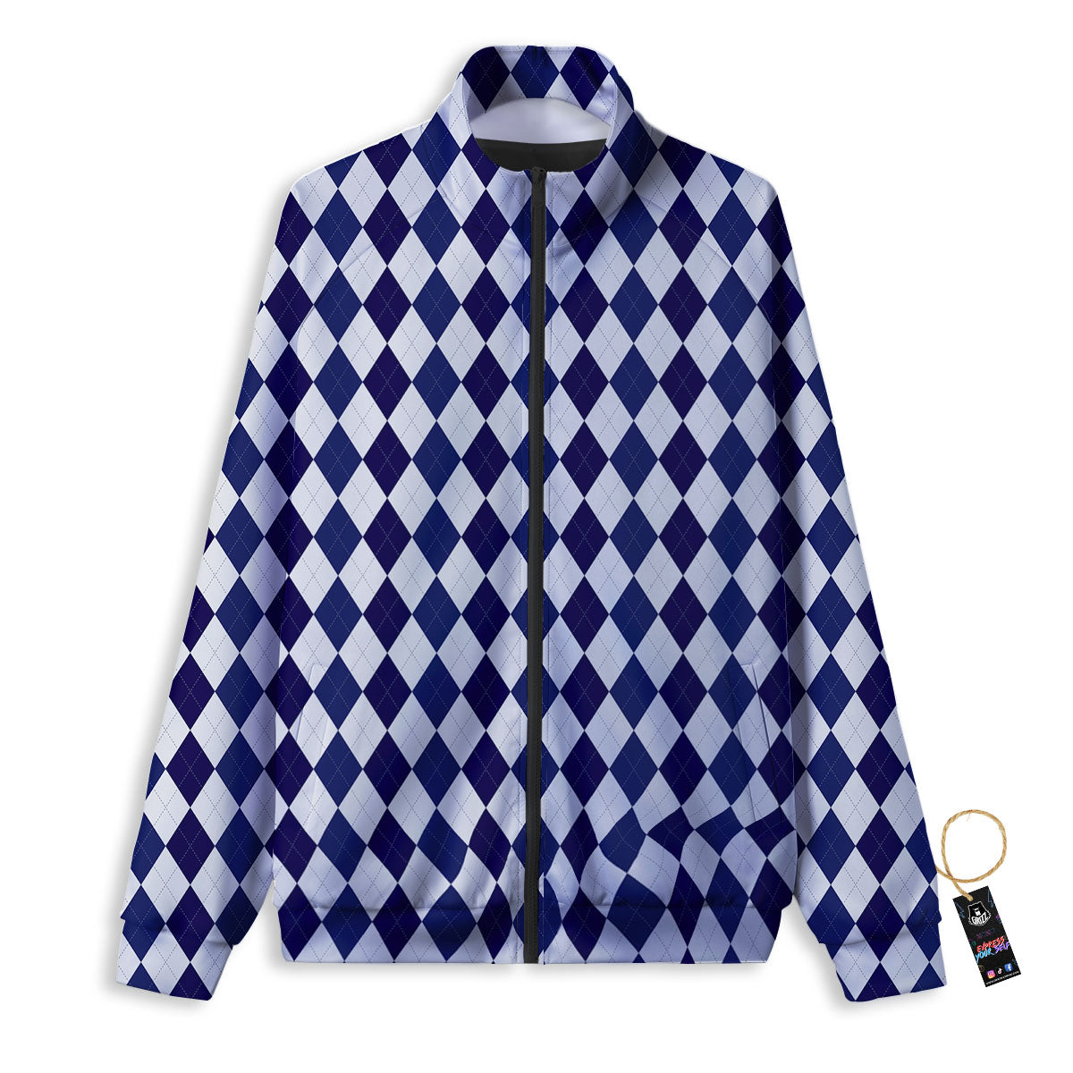 Blue And White Navy Argyle Print Pattern Track Jacket-grizzshop