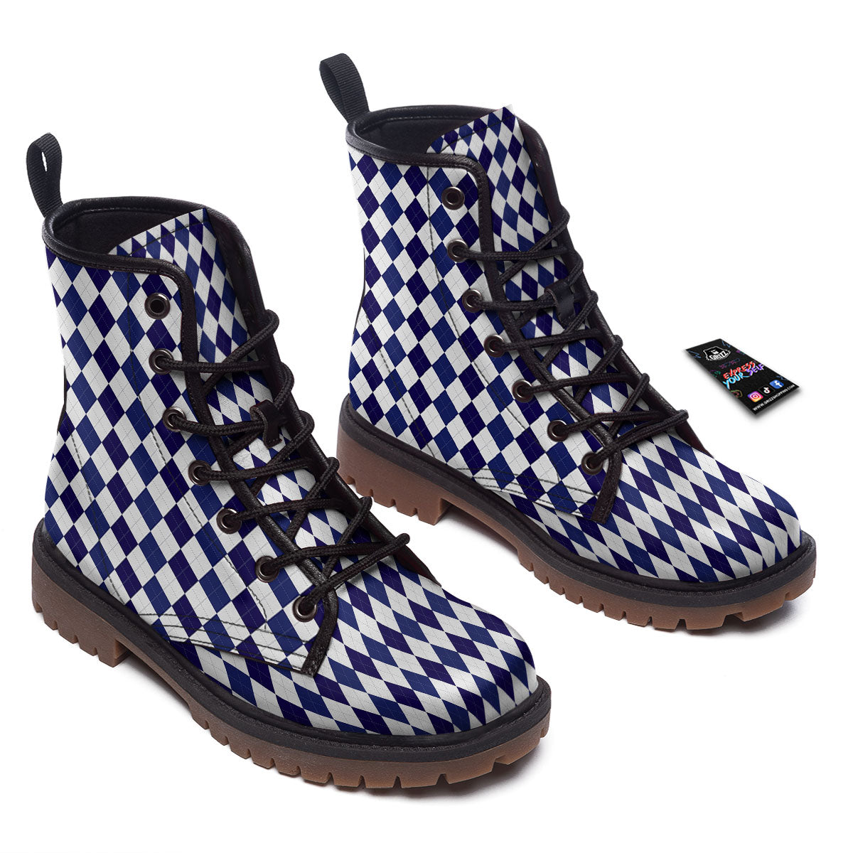 Blue And White Navy Argyle Print Pattern Work Boots-grizzshop