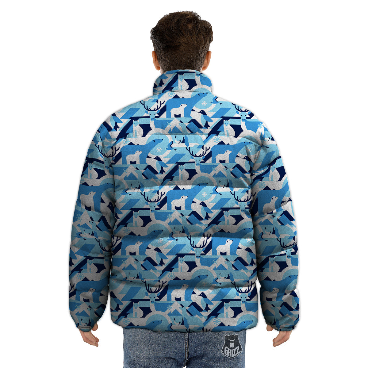 Blue Arctic Animals Print Pattern Puffer Jacket-grizzshop