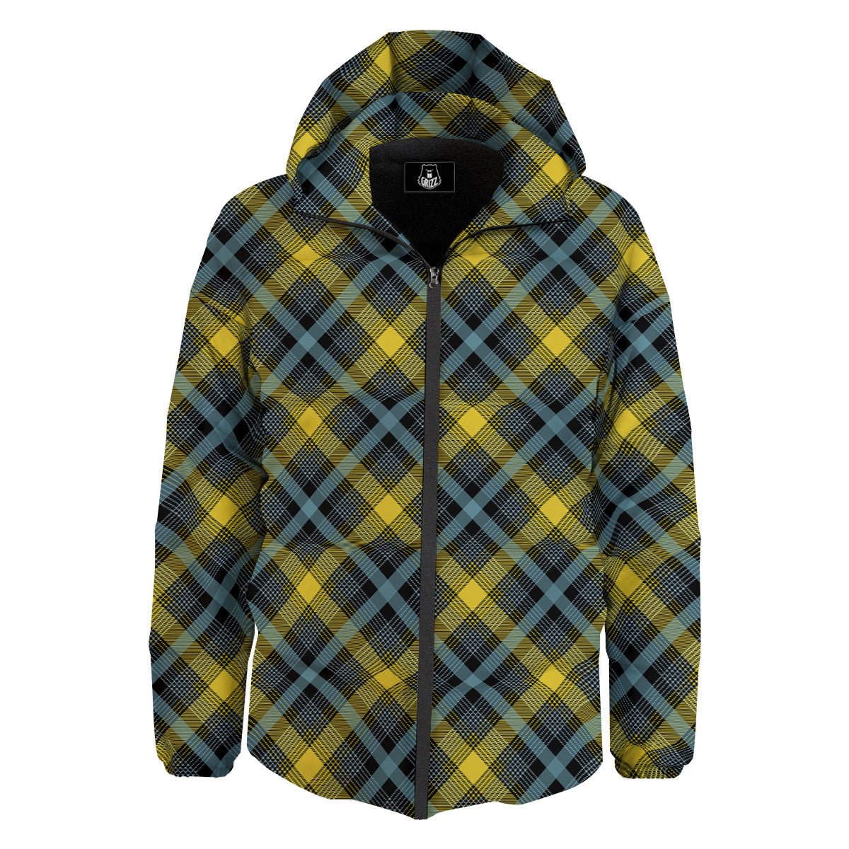 Blue Argyle And Black Yellow Print Pattern Down Jacket-grizzshop