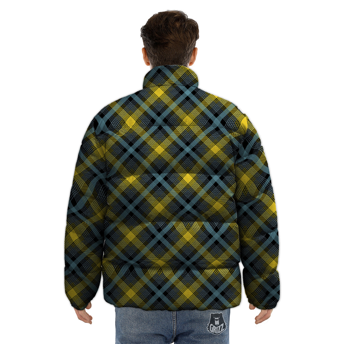 Blue Argyle And Black Yellow Print Pattern Puffer Jacket-grizzshop