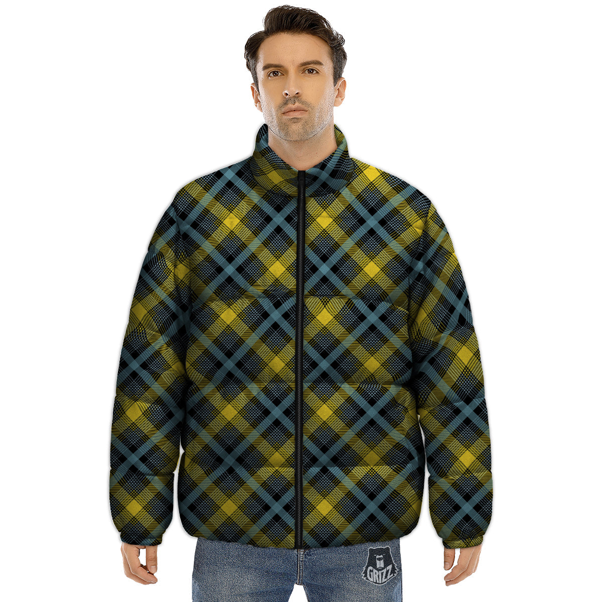 Blue Argyle And Black Yellow Print Pattern Puffer Jacket-grizzshop