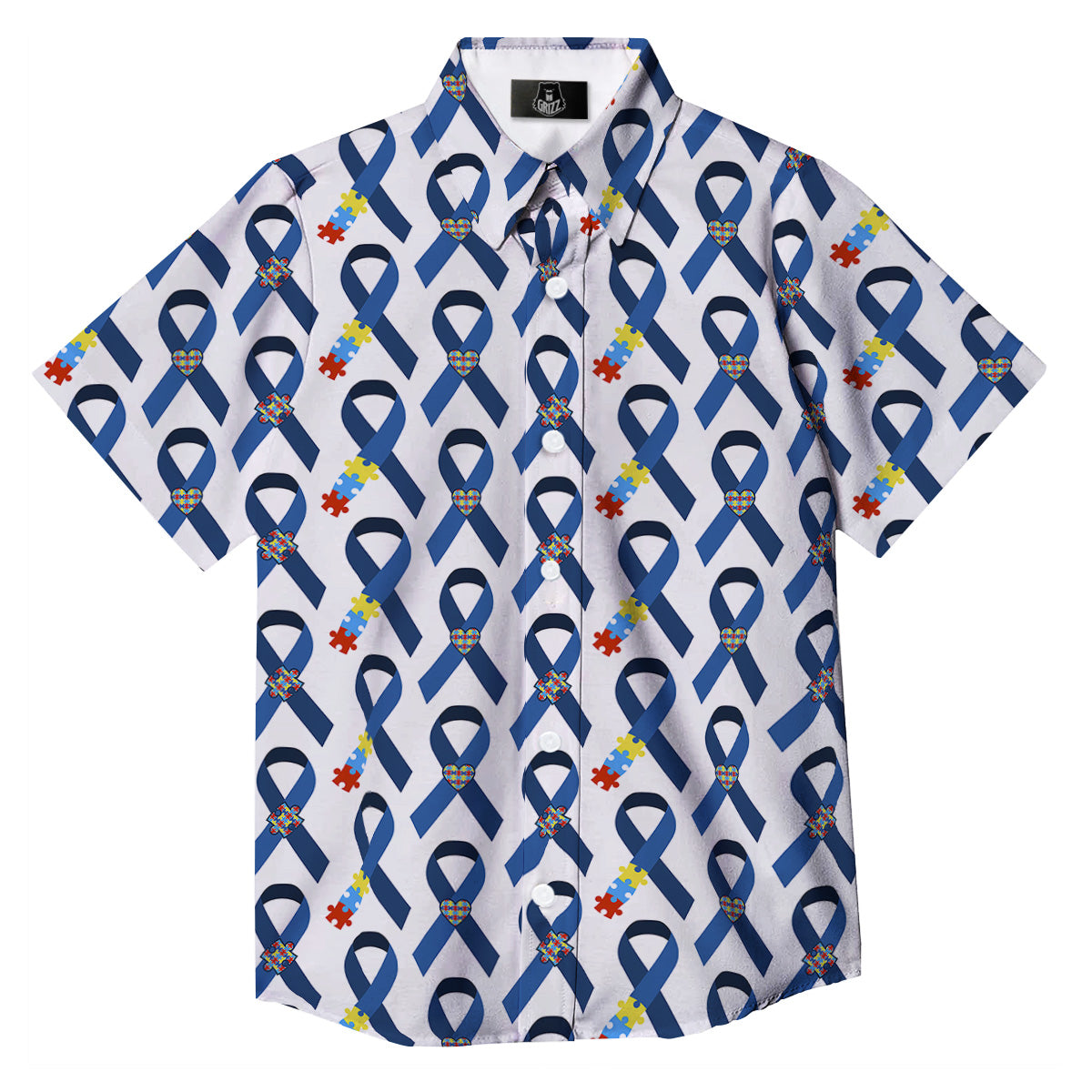 Blue Autism Awarenes Print Pattern Button Up Shirt-grizzshop