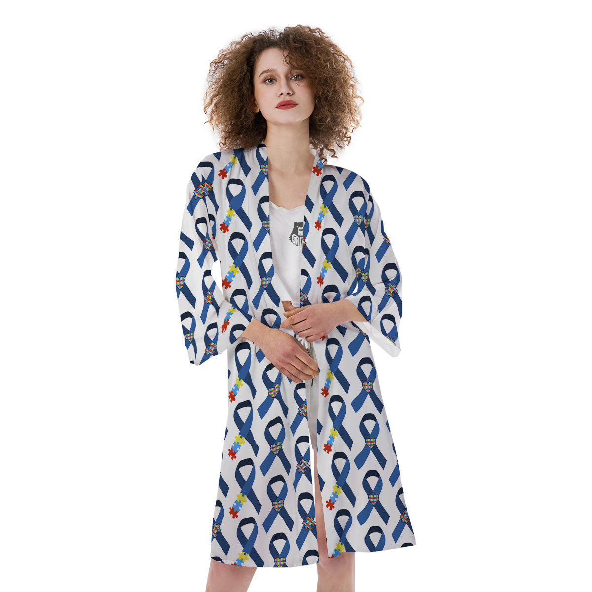 Blue Autism Awarenes Print Pattern Kimono-grizzshop