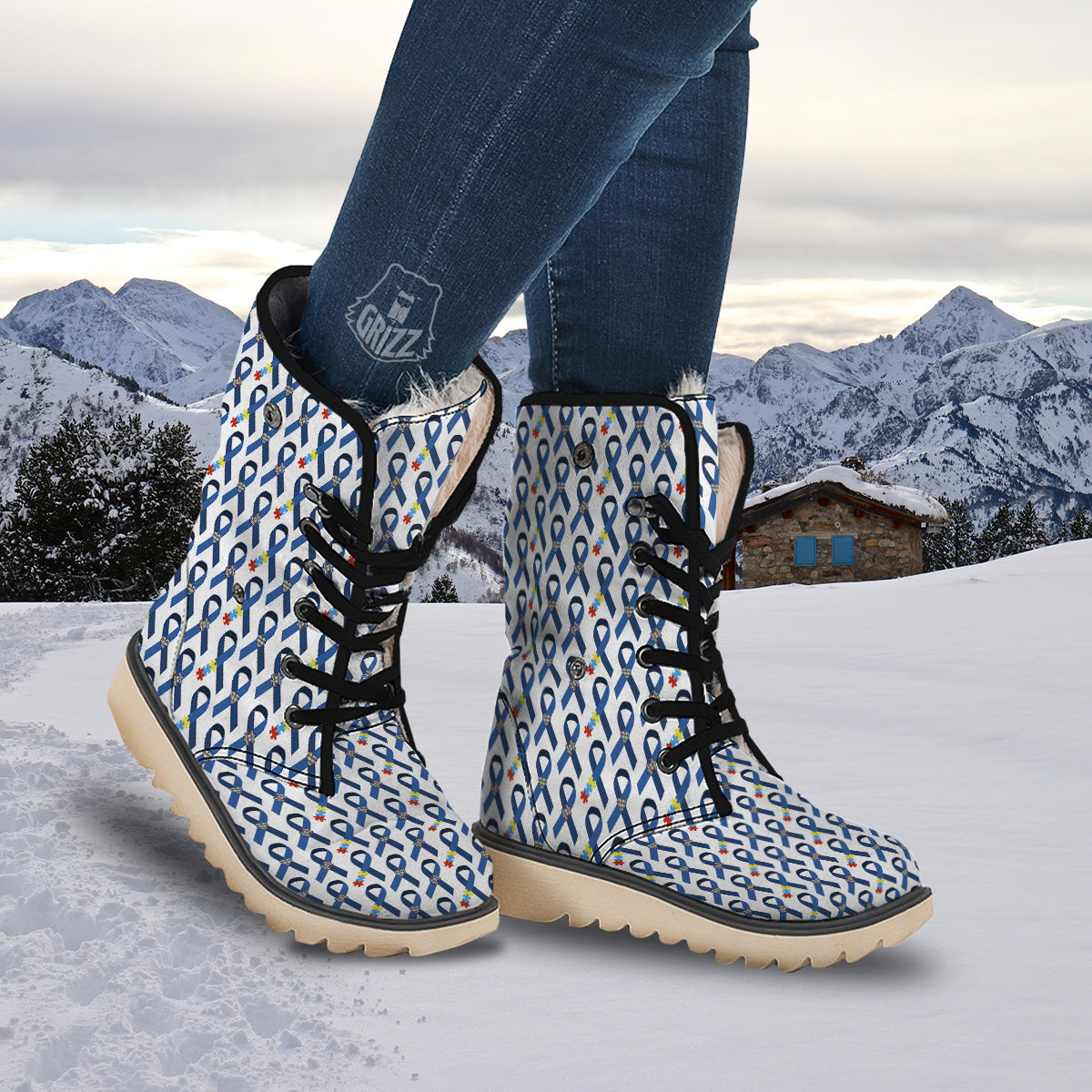 Blue Autism Awarenes Print Pattern Snow Boots-grizzshop