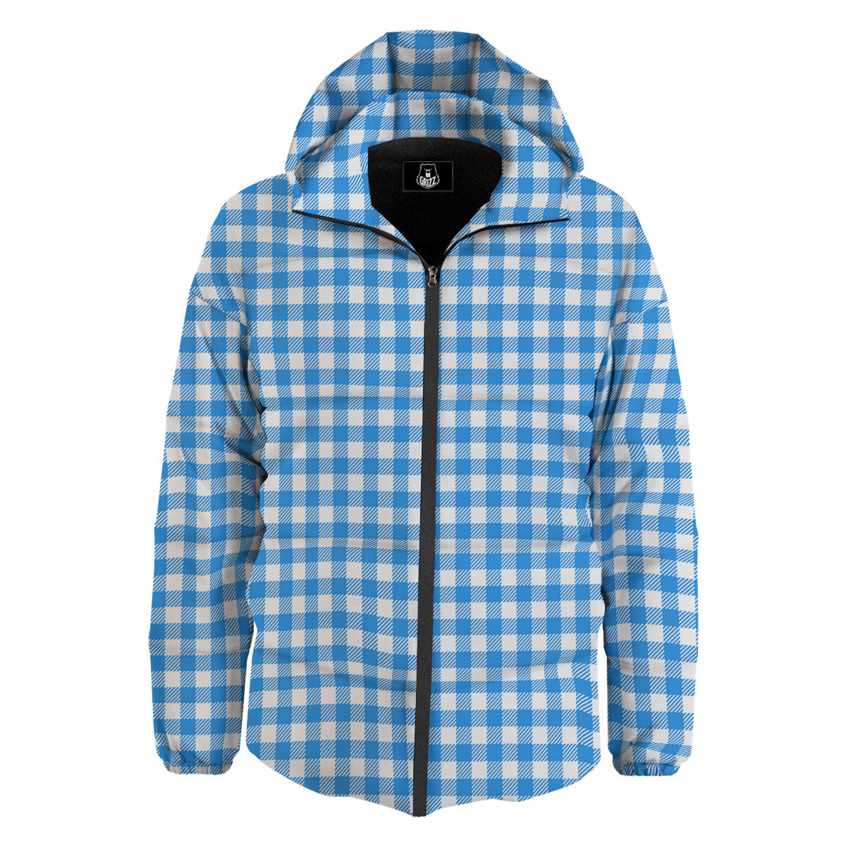 Blue Azure And White Gingham Print Down Jacket-grizzshop