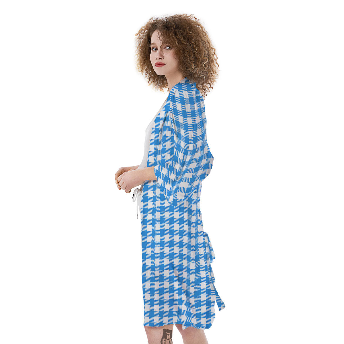 Blue Azure And White Gingham Print Kimono-grizzshop