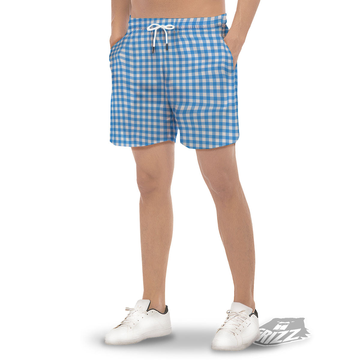 Blue Azure And White Gingham Print Men's Gym Shorts-grizzshop