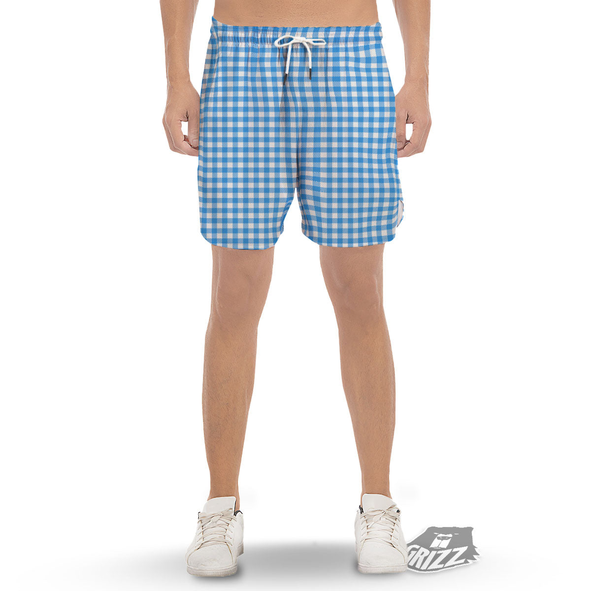 Blue Azure And White Gingham Print Men's Gym Shorts-grizzshop