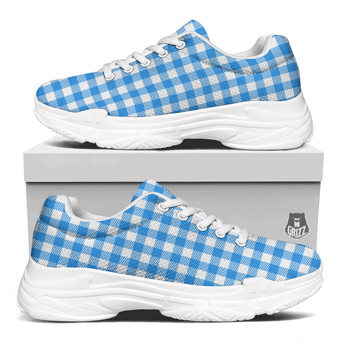 Blue Azure And White Gingham Print White Chunky Shoes-grizzshop