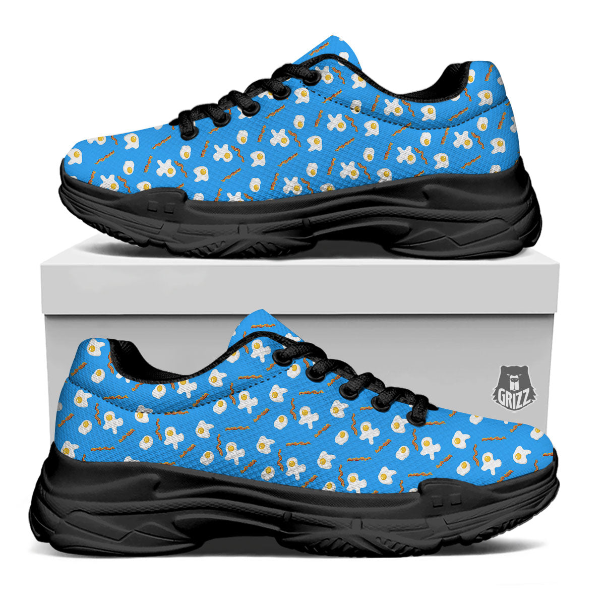 Blue Bacon And Fried Egg Print Pattern Black Chunky Shoes-grizzshop