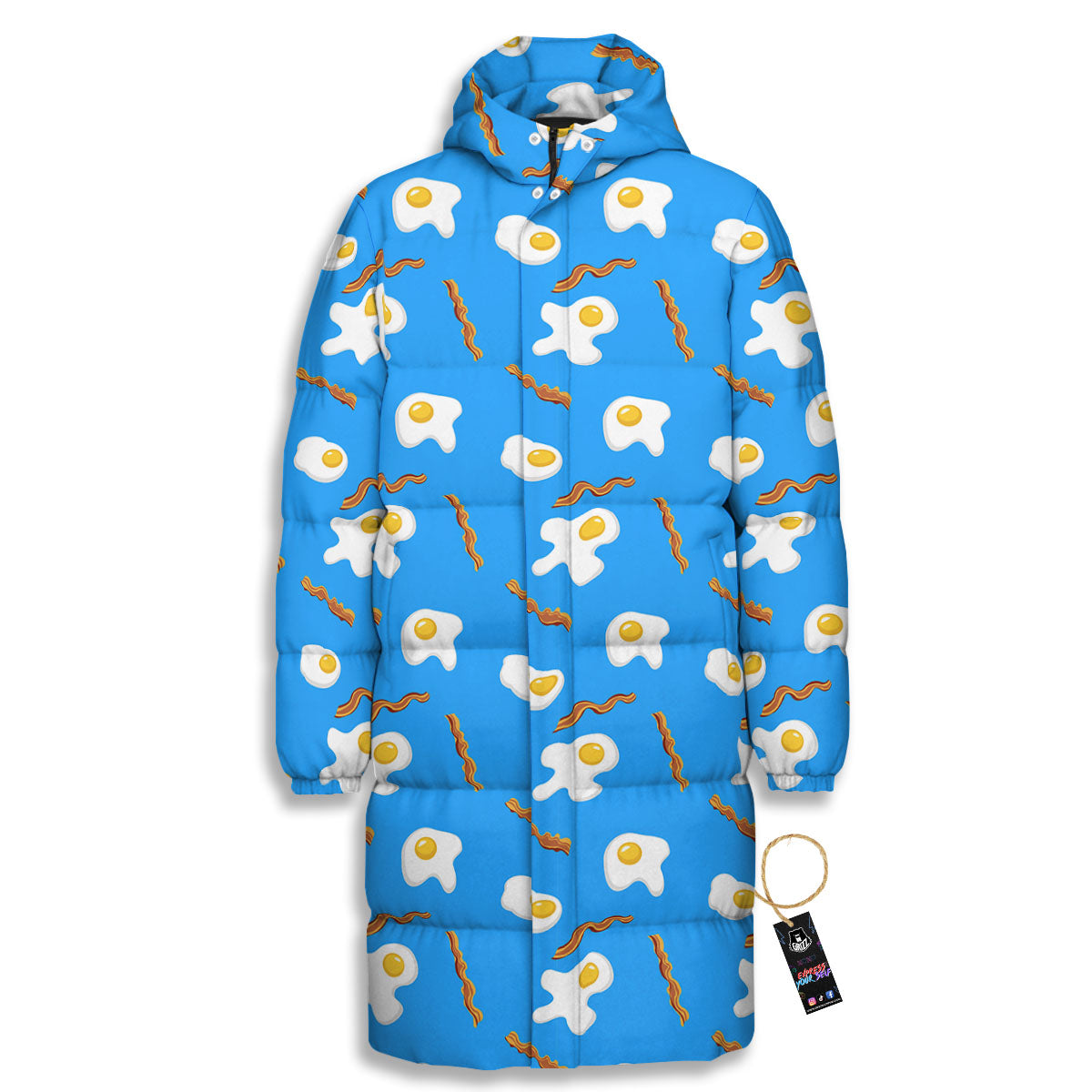 Blue Bacon And Fried Egg Print Pattern Long Down Jacket-grizzshop