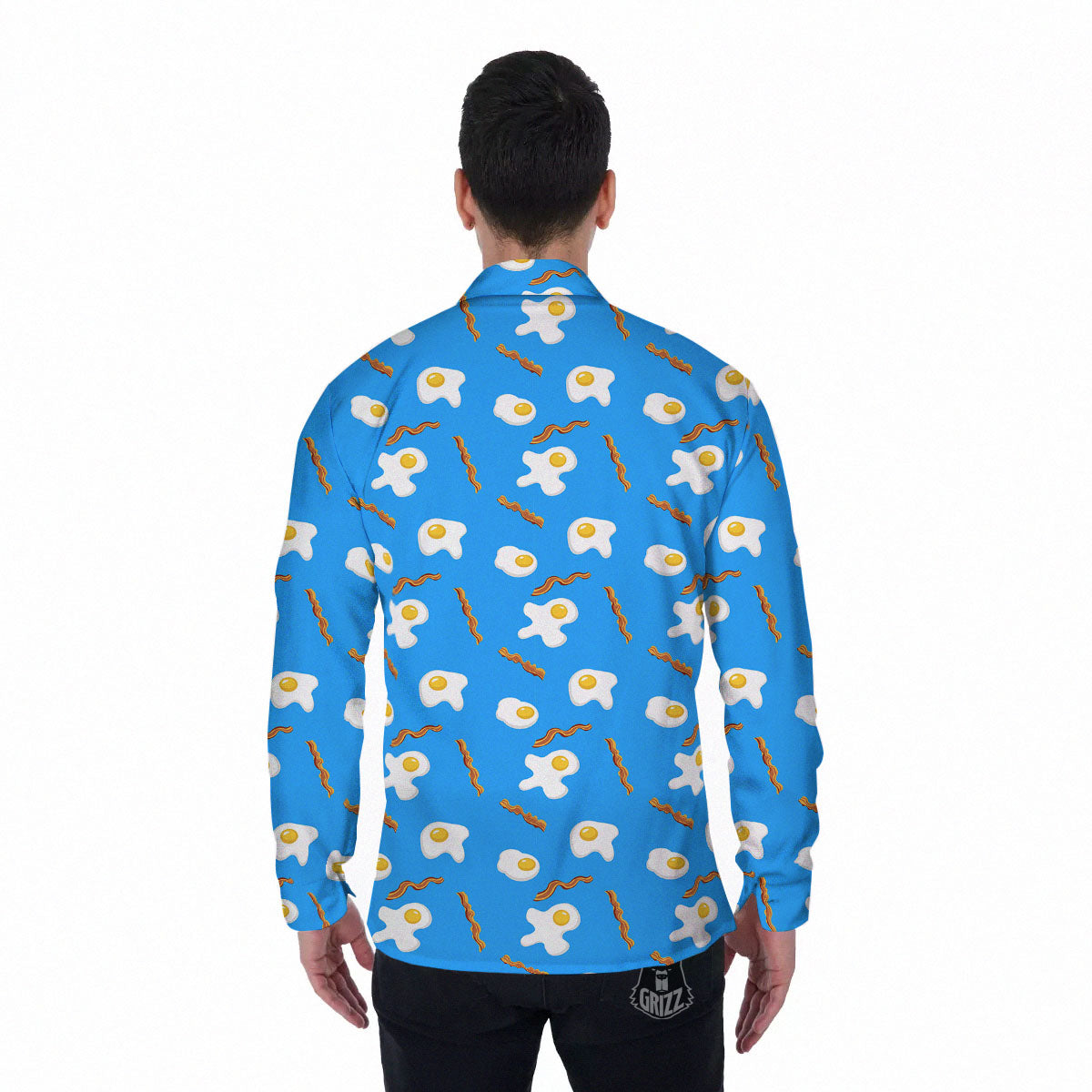 Blue Bacon And Fried Egg Print Pattern Men's Long Sleeve Shirts-grizzshop