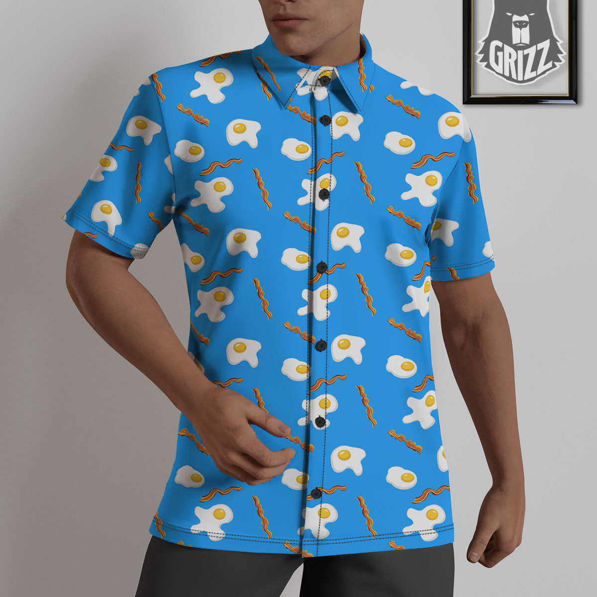 Blue Bacon And Fried Egg Print Pattern Untucked Shirts-grizzshop