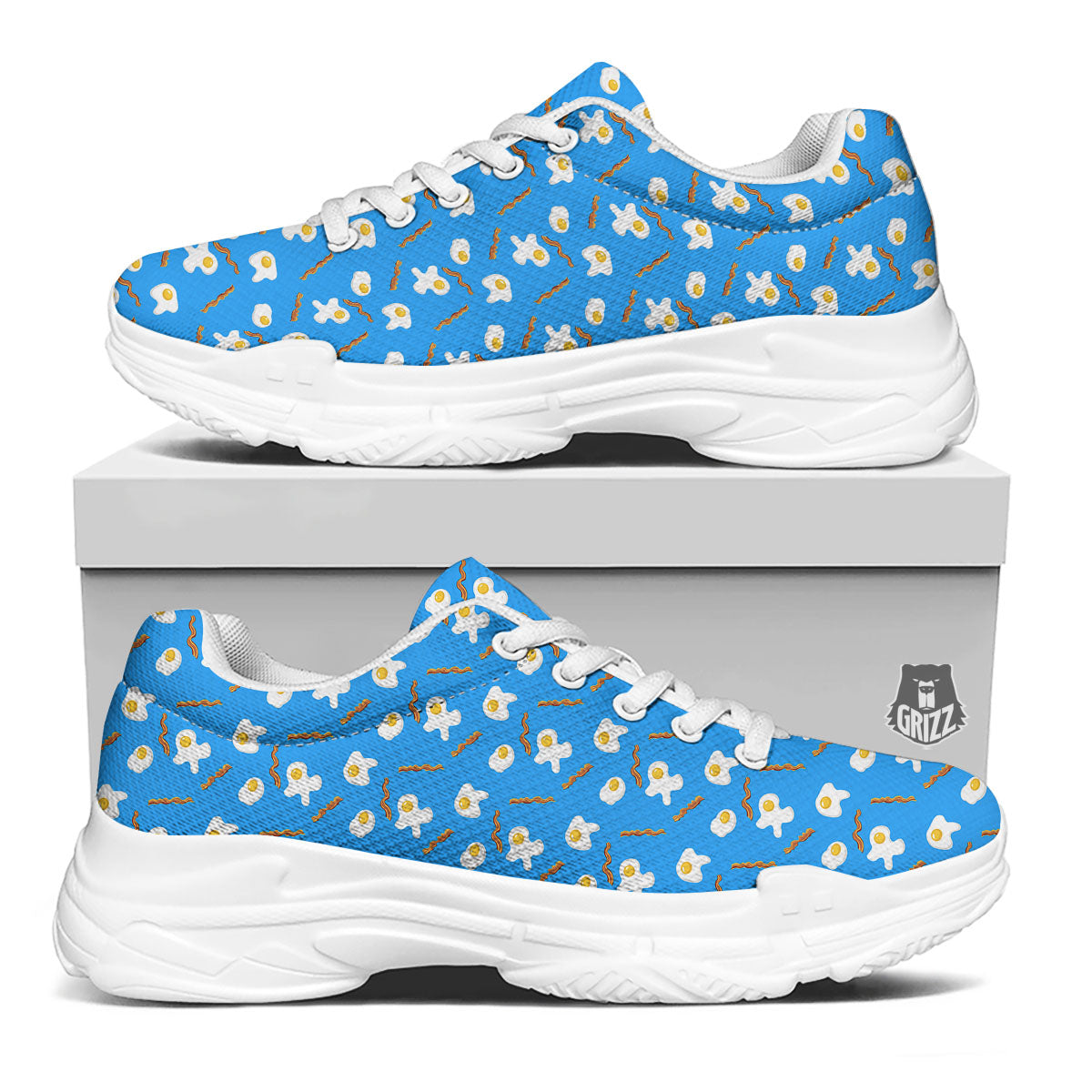 Blue Bacon And Fried Egg Print Pattern White Chunky Shoes-grizzshop