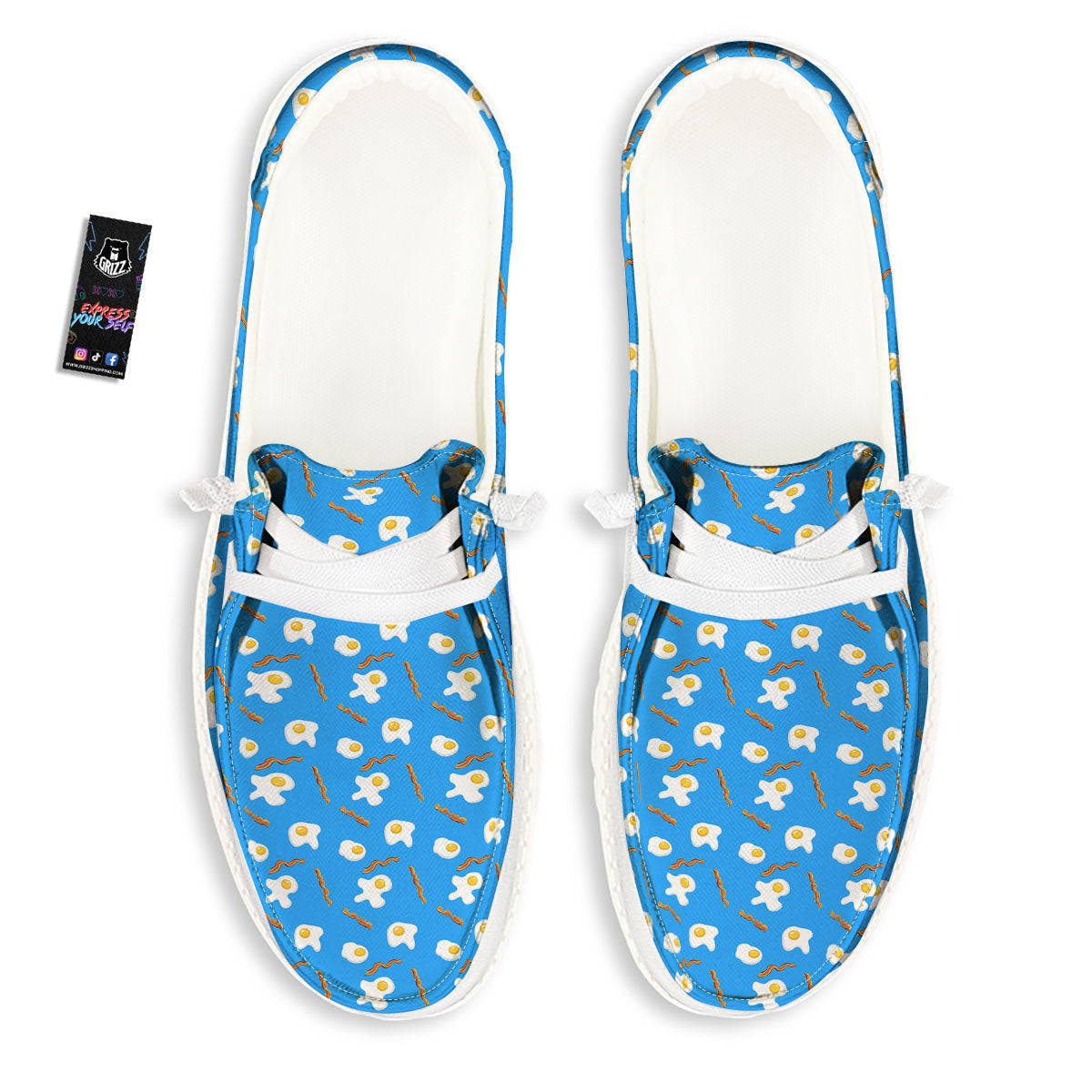 Blue Bacon And Fried Egg Print Pattern White Loafers-grizzshop