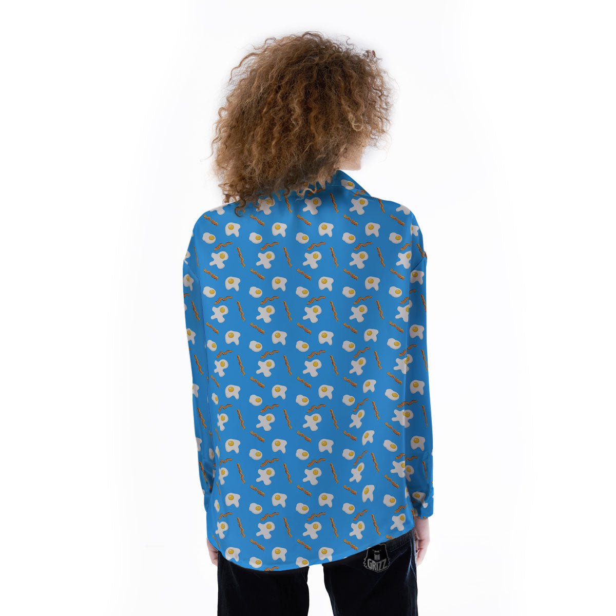 Blue Bacon And Fried Egg Print Pattern Women's Long Sleeve Shirts-grizzshop