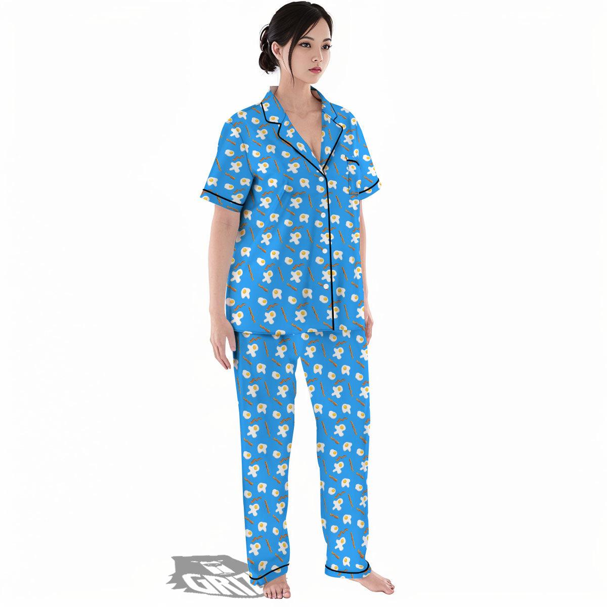 Blue Bacon And Fried Egg Print Pattern Women's Pajamas Set-grizzshop