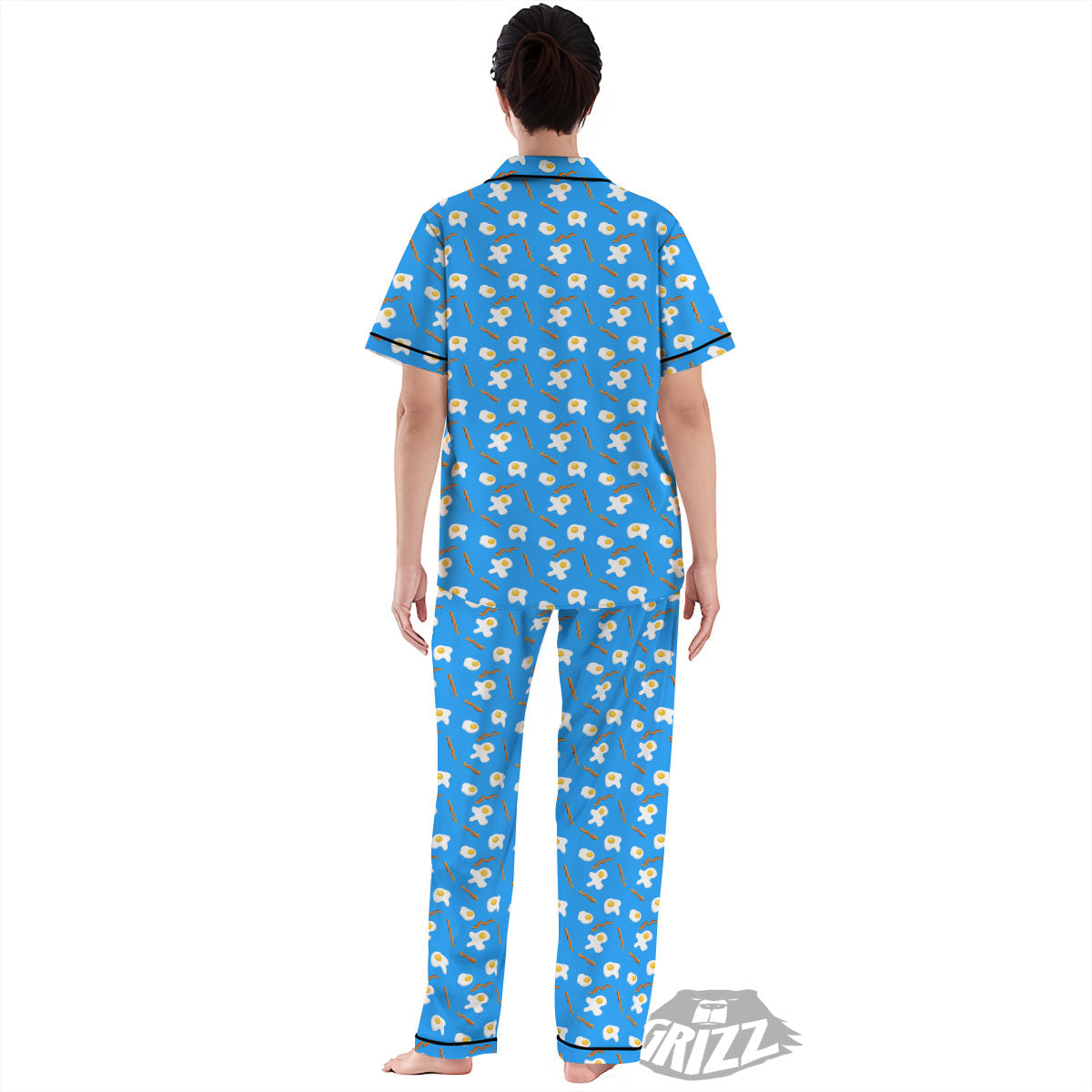 Blue Bacon And Fried Egg Print Pattern Women's Pajamas Set-grizzshop
