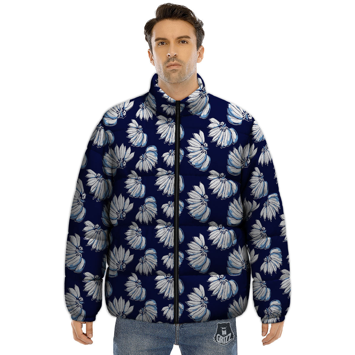 Blue Banana Retro Print Pattern Puffer Jacket-grizzshop