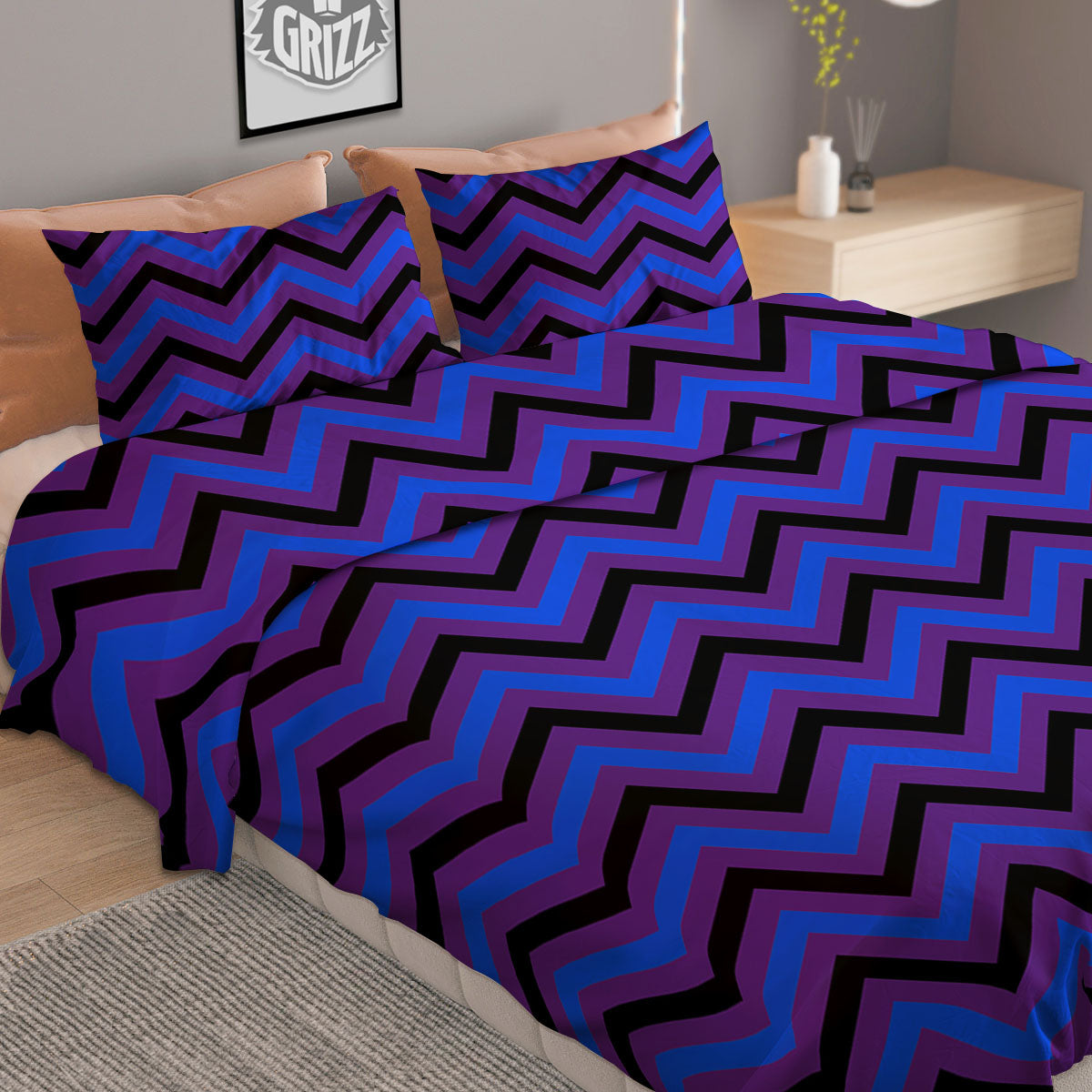 Blue Black And Purple Chevron Print Duvet Cover Bedding Set