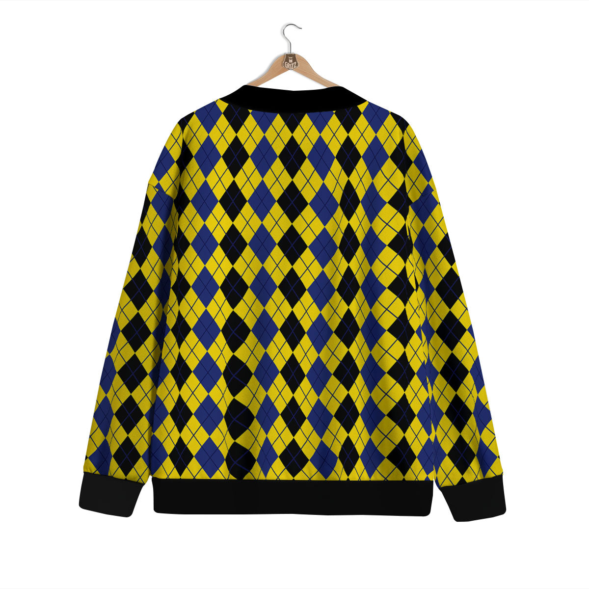 Blue Black And Yellow Argyle Print Cardigan-grizzshop