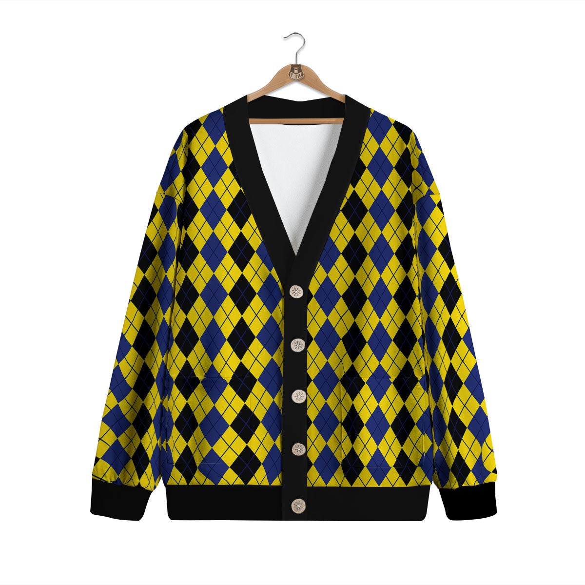 Blue Black And Yellow Argyle Print Cardigan-grizzshop