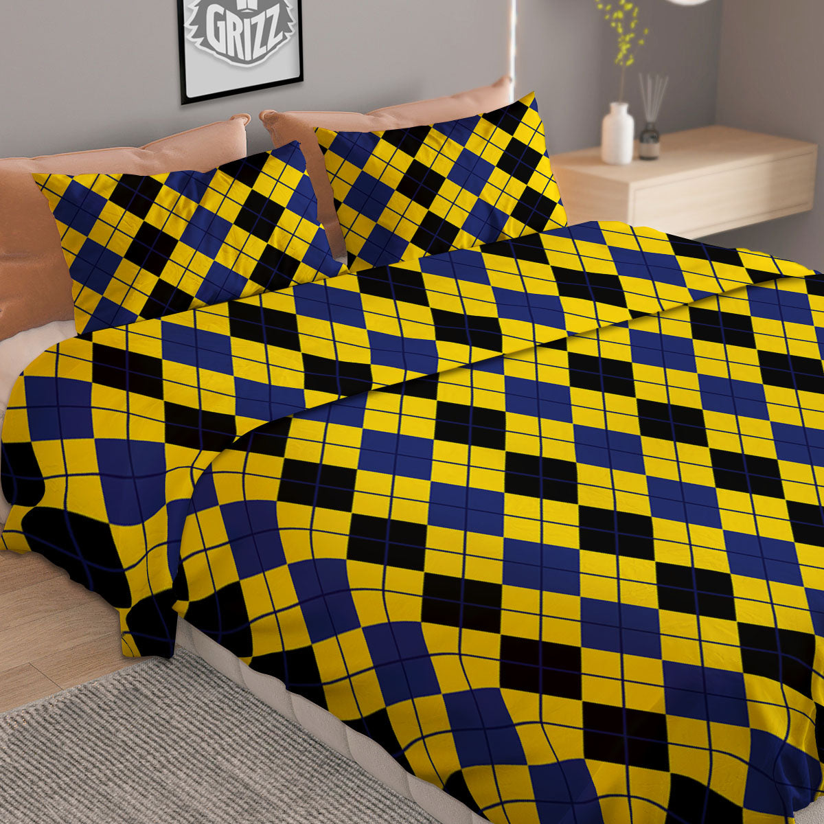 Blue Black And Yellow Argyle Print Duvet Cover Bedding Set