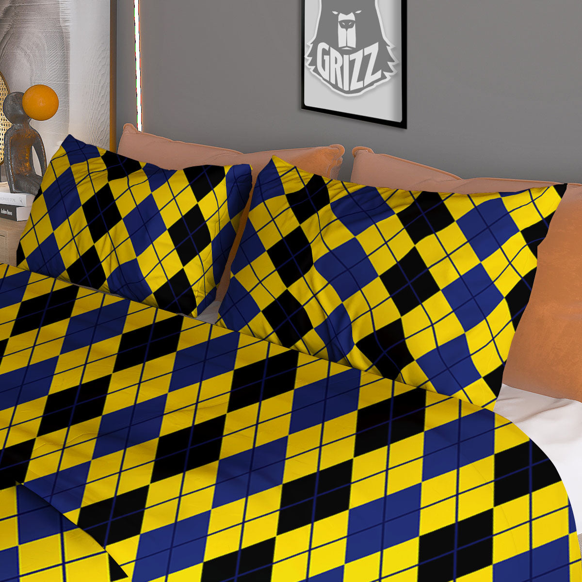 Blue Black And Yellow Argyle Print Duvet Cover Bedding Set