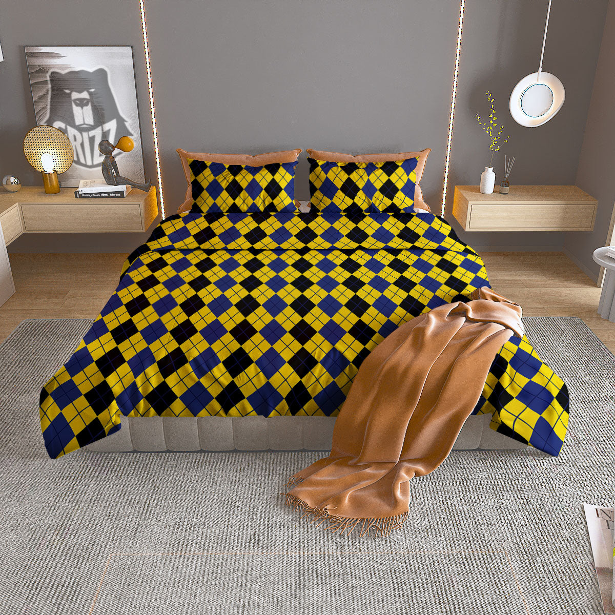Blue Black And Yellow Argyle Print Duvet Cover Bedding Set