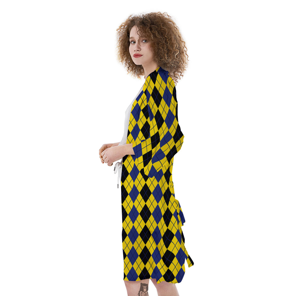 Blue Black And Yellow Argyle Print Kimono-grizzshop