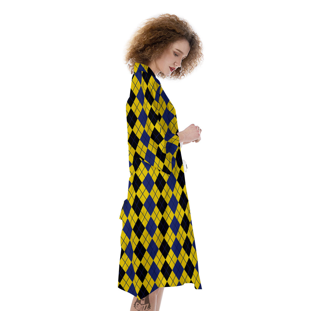 Blue Black And Yellow Argyle Print Kimono-grizzshop