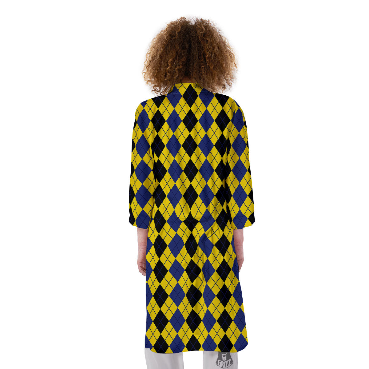 Blue Black And Yellow Argyle Print Kimono-grizzshop