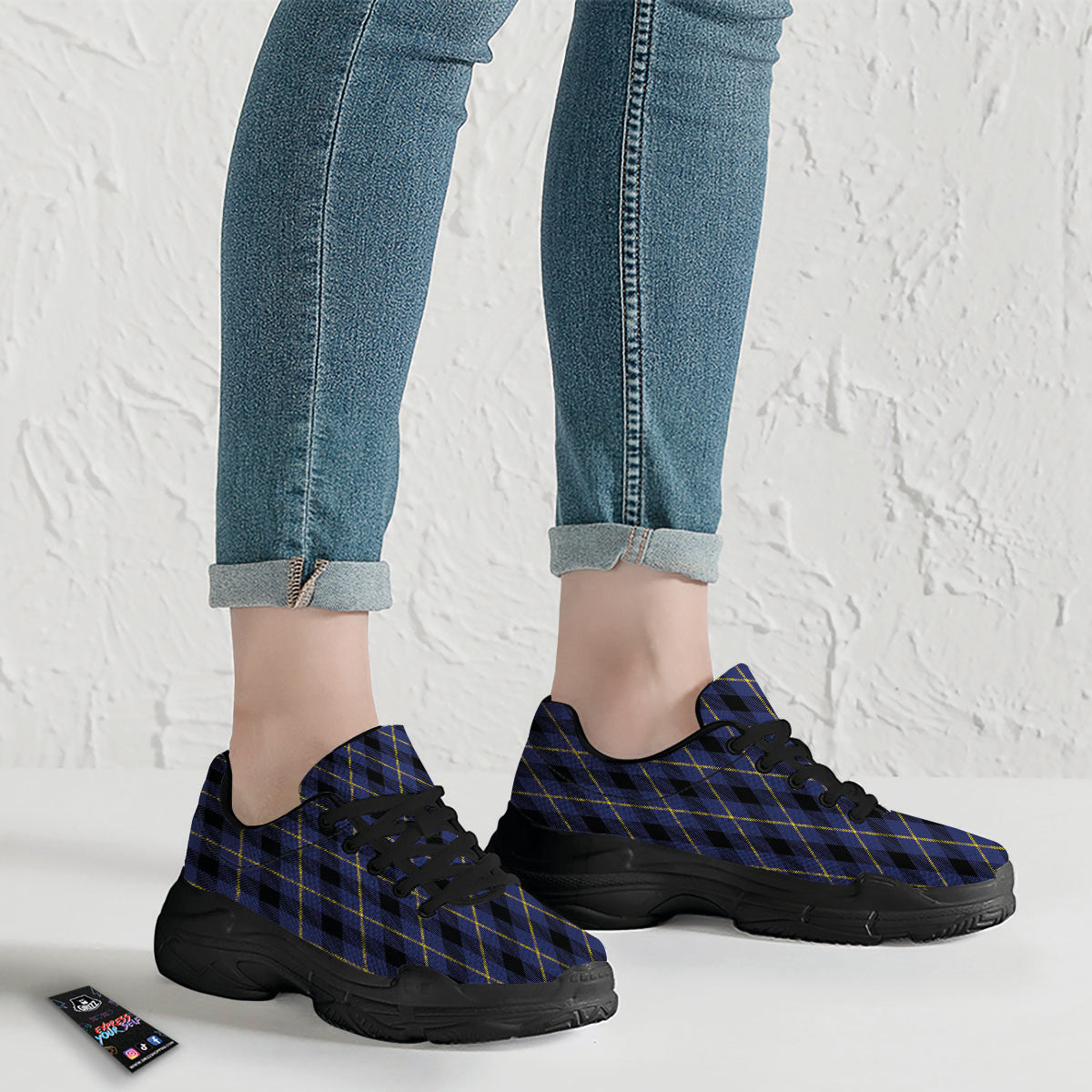 Blue Black And Yellow Plaid Print Black Chunky Shoes-grizzshop