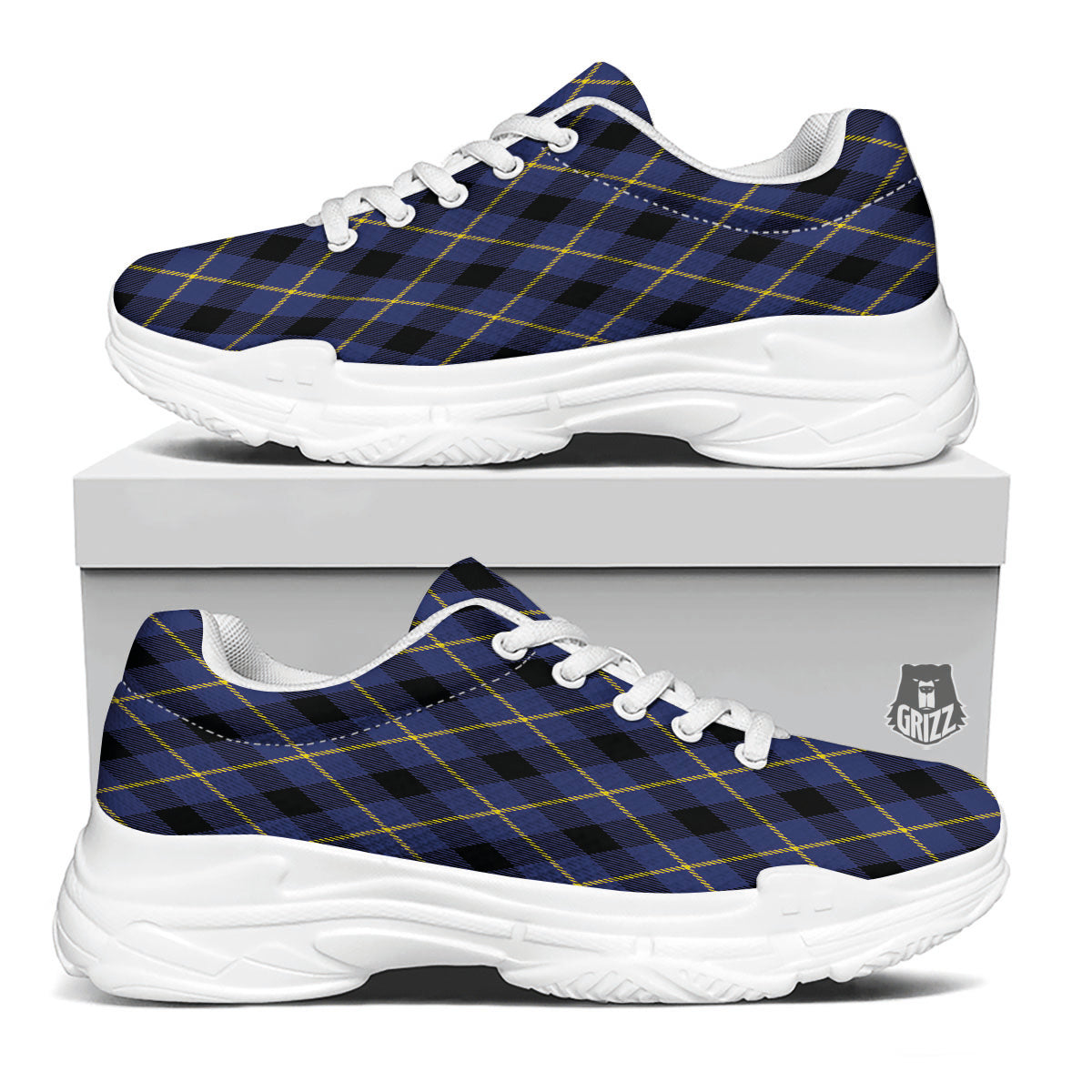 Blue Black And Yellow Plaid Print White Chunky Shoes-grizzshop