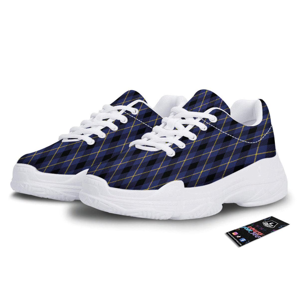 Blue Black And Yellow Plaid Print White Chunky Shoes-grizzshop