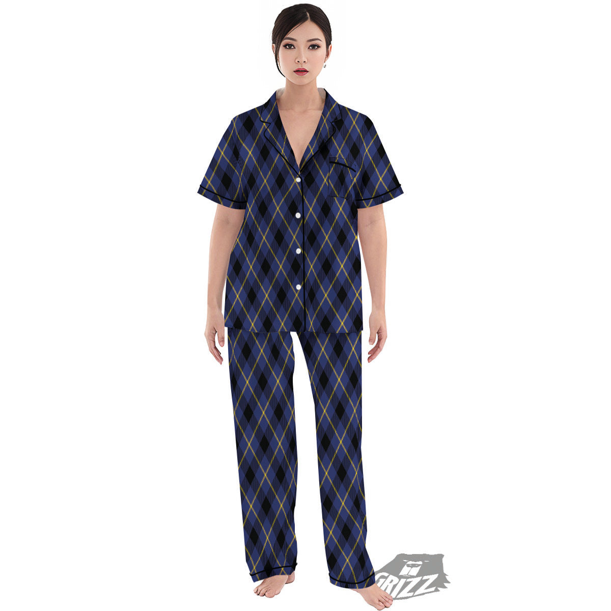 Blue Black And Yellow Plaid Print Women's Pajamas Set-grizzshop